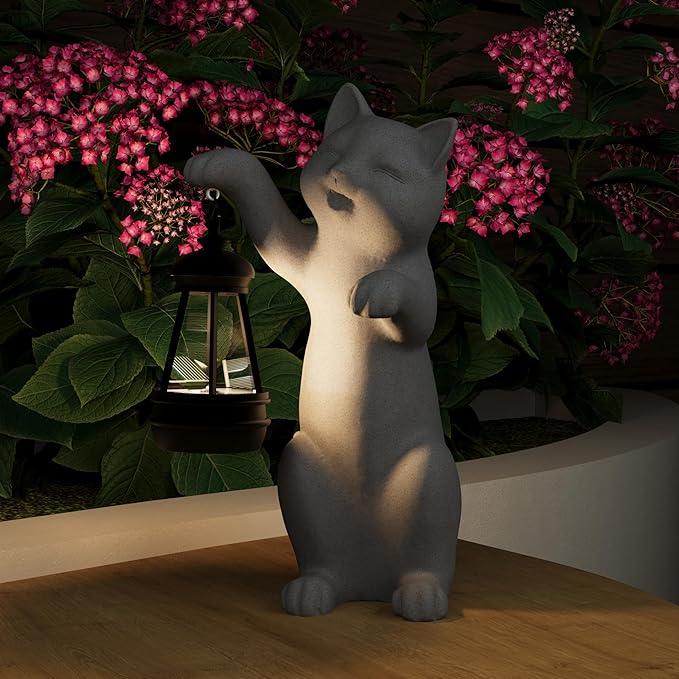 Solar Powered Garden Resin Statue Lights, 10 Inch Waterproof Outdoor Animal Cute Cat Figurine Lights, Suitable for Patios, Balconies, Lawns, Courtyards, Etc.(Hand)