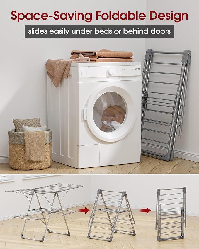 Clothes Drying Rack - Foldable Laundry Drying Rack for Clothing & Bedding, Easy-to-Assemble, Space-Saving Metal Airer with Non-Slip Feet, Indoor & Outdoor Use, 55.5