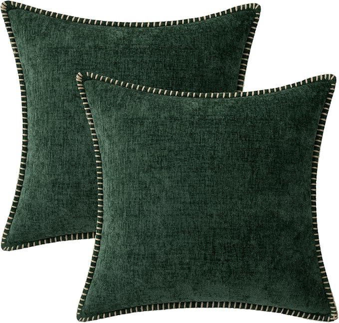 MIULEE Pack of 2 Christmas Pillow Covers 24x24 Inch Dark Green Farmhouse Decorative Throw Pillow Covers with Stitched Edge Soft Chenille Solid Dyed Couch Pillow Covers for Sofa Bed Living Room