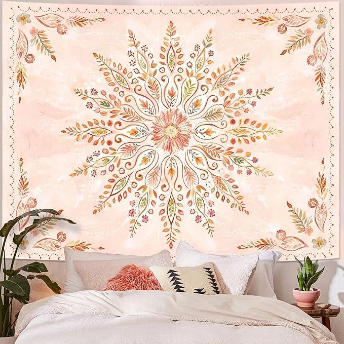 Lunerfex Floral Mandala Tapestry Boho Tapestry for Bedroom Orange Tapestries Wall Hanging Living Room Wall Art and Home Decor 44x60