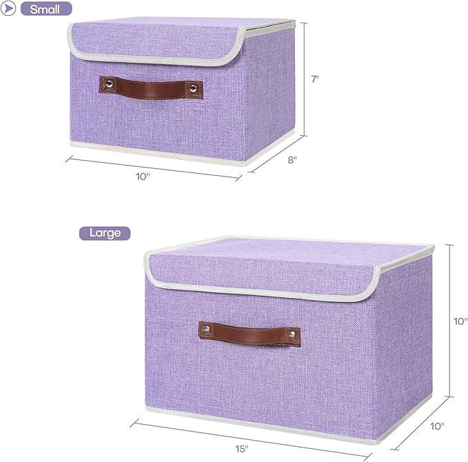 ANMINY 2PCS Storage Bins with Lid PU Leather Handles Storage Boxes PP Plastic Board Decorative Foldable Lidded Cotton Linen Fabric Home Cubes Baskets Closet Organizer Containers - Purple, Small Size