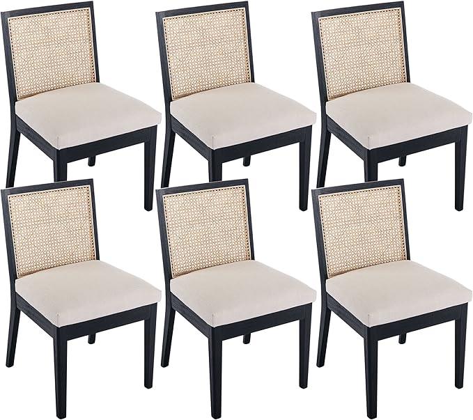 VESCASA Upholstered Dining Chairs with Square Rattan Back, Armless Padded Linen Cushion Dining Chairs with Wood Legs for Dining Room, Kitchen, Set of 6, Black Frame