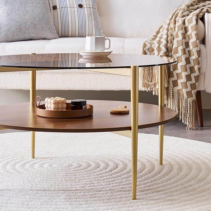 Round Coffee Table, Mid-Century Modern Design, D30 x H17, for Living Room, 2-Tier Structure, Amber Glass Top and Walnut MDF Shelf, Sleek Conical Metal Legs with Gold Finish