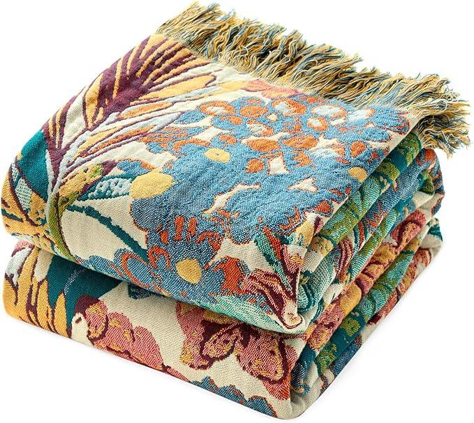 MSGKV Boho Throw Blanket for Bed Twin Size Cotton Muslin Breathable Vine Blanket 60