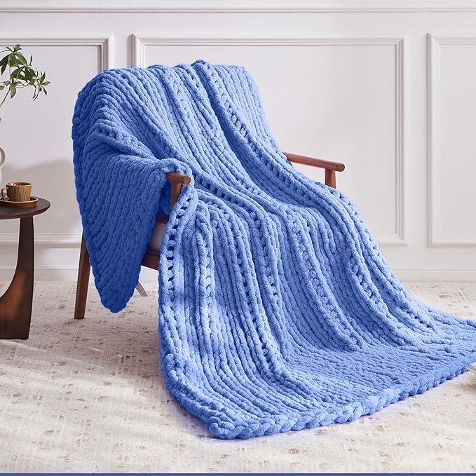 Chunky Knit Throw Blanket, 30''*40'' Knitted Throw Chenille Yarn for Bed Couch, Handmade Light Blue Crochet Big Thick Blanket, Machine Washable Cute Comfy Blanket for Home Decor