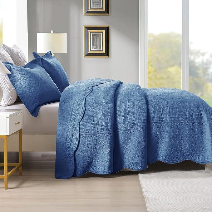 MarCielo 3-Piece 100% Cotton Oversized Bedspread Lightweight Quilt Coverlet Embroidery Farmhouse Bedding Set (TG Midtone Blue, Oversized King (118