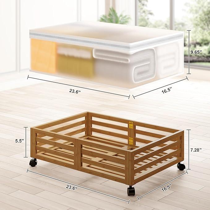Under Bed Storage Containers With Wheels - 2 Pcs Bamboo Wood Rolling Underbed Shoe Storage Bins With Dust Bags for Clothes Blankets, Duvet Covers Snacks Toys (Walnut)