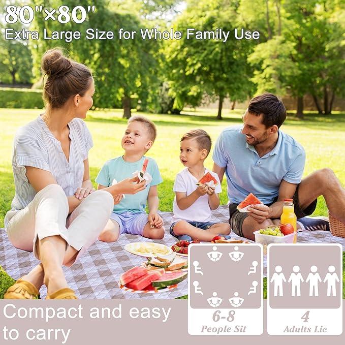Extra Large Picnic Blanket 80''x 80'' Waterproof Foldable Picnic Mat for Beach, 5-Layer Outdoor Blanket for 6 to 8 Adults,Camping Grass Lawn Park Accessories Couple Park Wedding Registry(Brown)