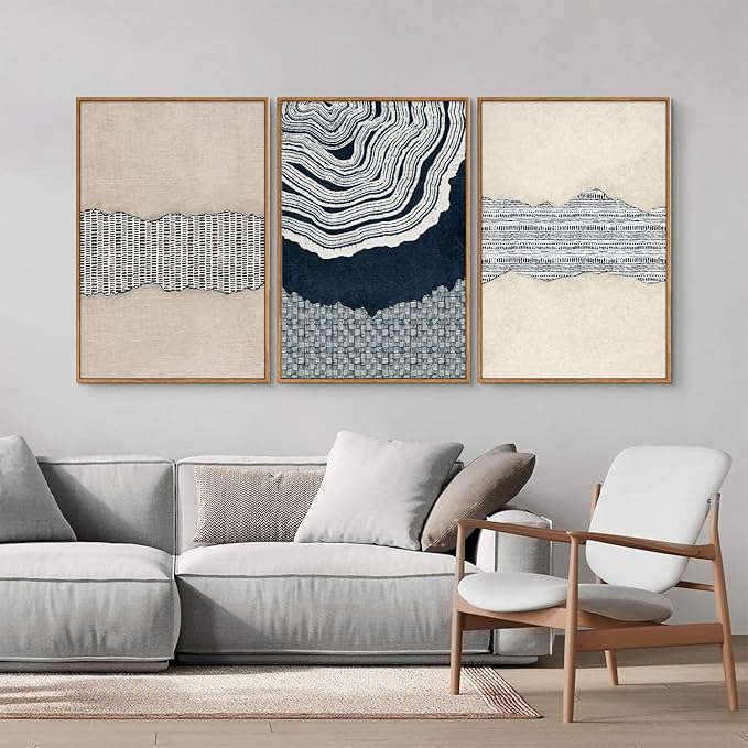 SIGNINART Blue and Beige Framed Canvas Wall Art Set, Neutral Abstract Tree Ring Wall Decor, Minimalist Dots and Line Artwork, Geometric Pattern Art Paintings for Living Room, Bedroom, Office 16