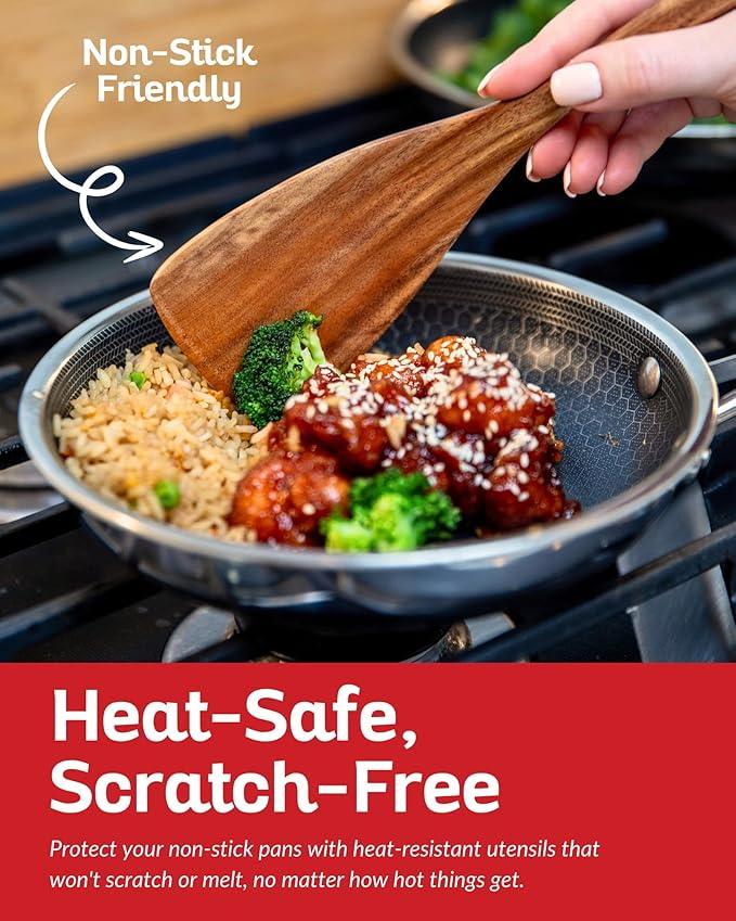 Boxiki Kitchen Luxury Teak Wood Utensil Set - Elegant 6-Piece Cooking Ensemble Including Spoons, Server, Scraper & Spatula - Expertly Crafted for Culinary Excellence