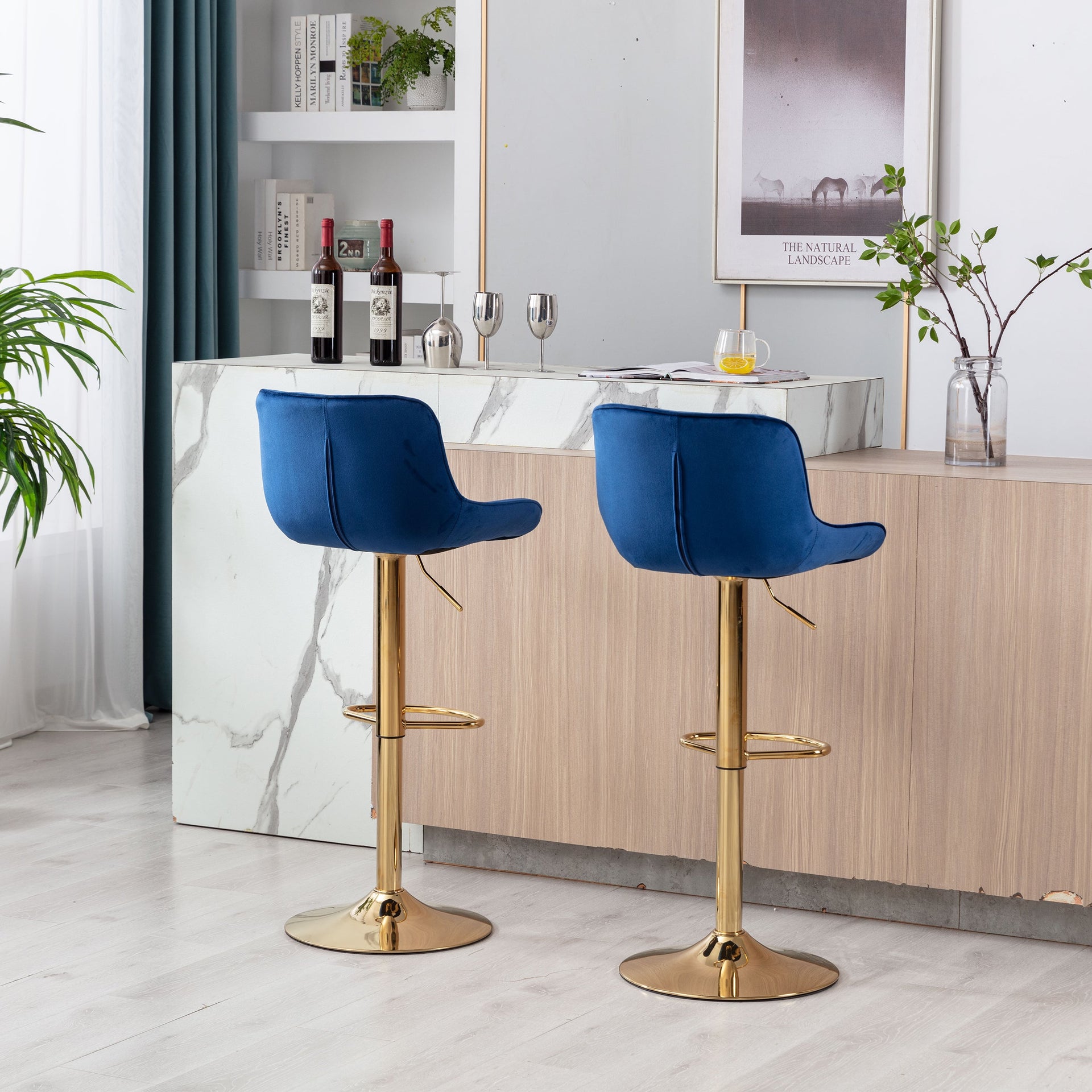 Chrome Footrest & Base Swivel Height-Adjustable Velvet Golden-Leg Bar Stool