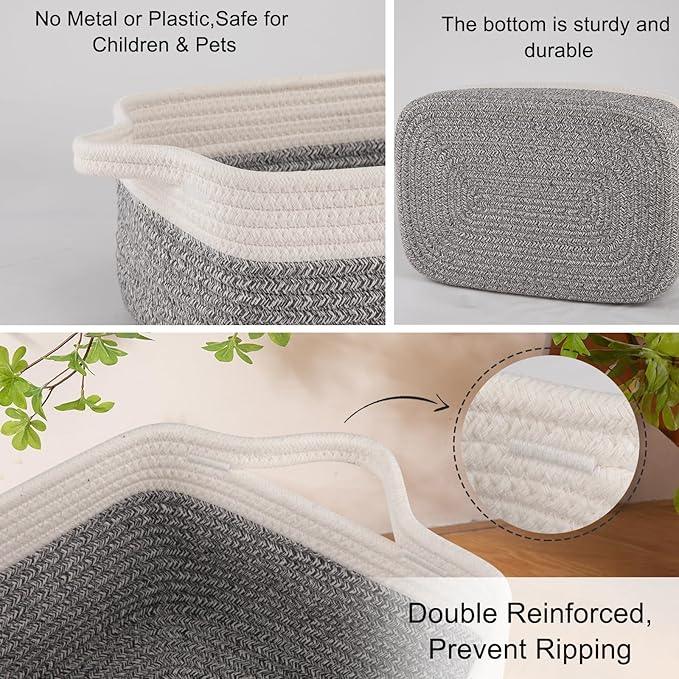 OIAHOMY 3 Pack Storage Baskets for Organizing, Woven Cotton Rope Basket for Shelves, Closet Organizer Bins with Handles, Rectangle Toy Organization, 13.78''×9.84''×5.5'', Grey & White