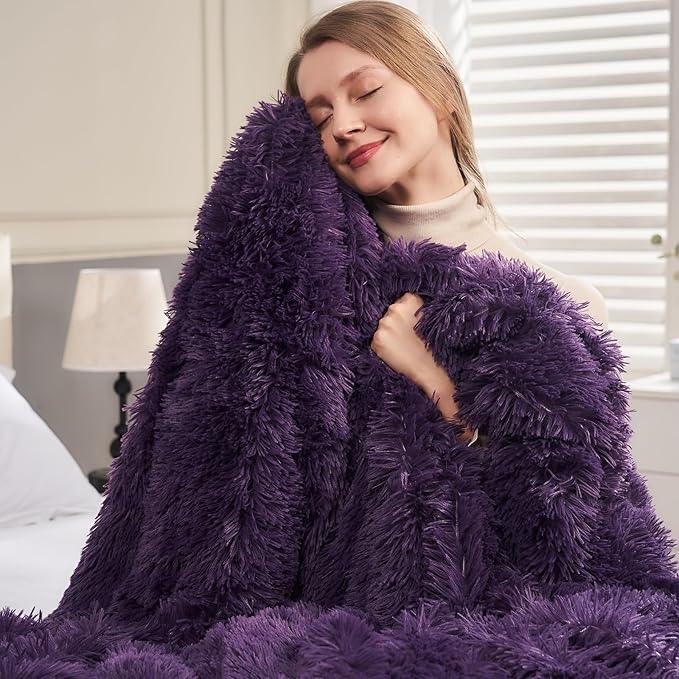 GONAAP Fuzzy Faux Fur Throw Blanket Twin Size Purple Super Soft Cozy Plush Fuzzy Shaggy Blanket for Couch Sofa Bed (Purple, Twin(60
