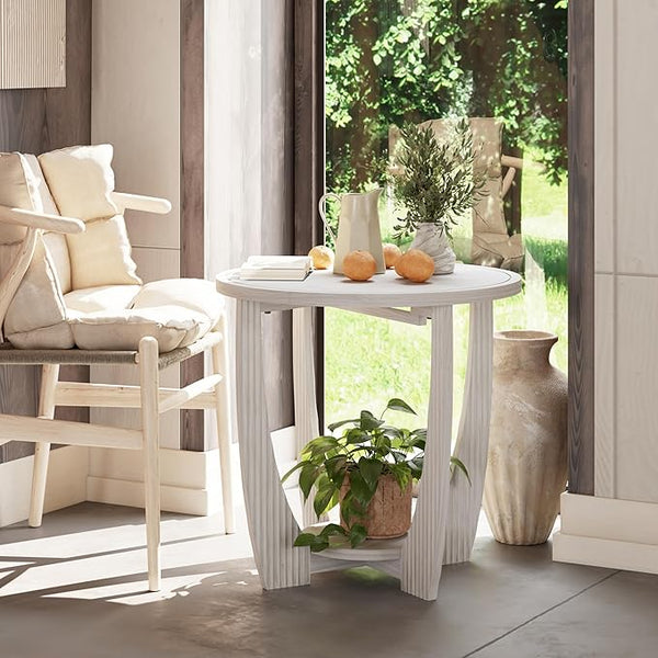 Rustic Farmhouse end Table X 2P with Storage Shelf, French Country Accent Side Table for Family, Dinning or Living Room, Small Spaces, Modern, Round, White