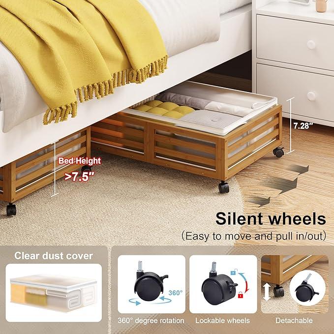 Under Bed Storage with Wheels-Large Bamboo Underbed storage Containers with Large Dust Bag Stackable Under the Bed Shoe Storage Bins for Clothes Books Bedding (2 Packs walnut, 23.62