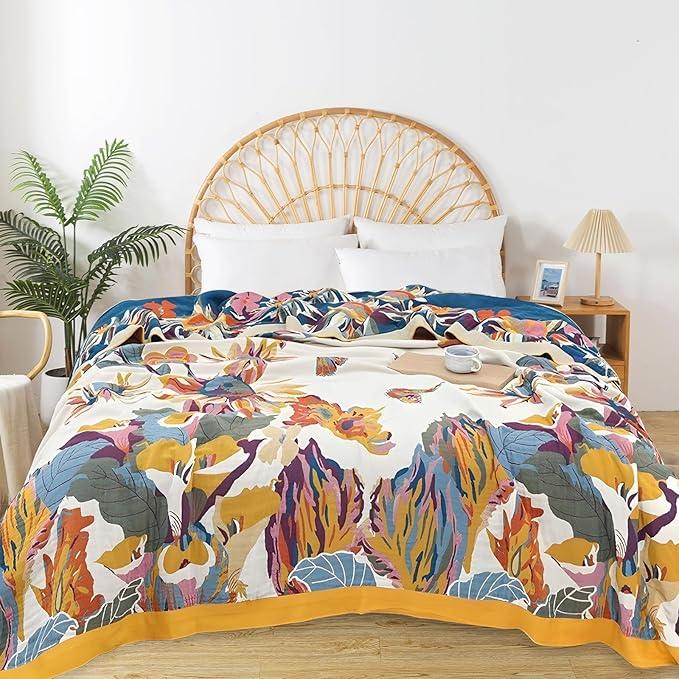 Boho Throw Blanket for Bed - 100% Pure Cotton Ultra Soft Rustic Quilt - Farmhouse Decor Bed Blankets, All Season Rustic Throw for Sofa Couch Chair(80''x 90'', Floral)