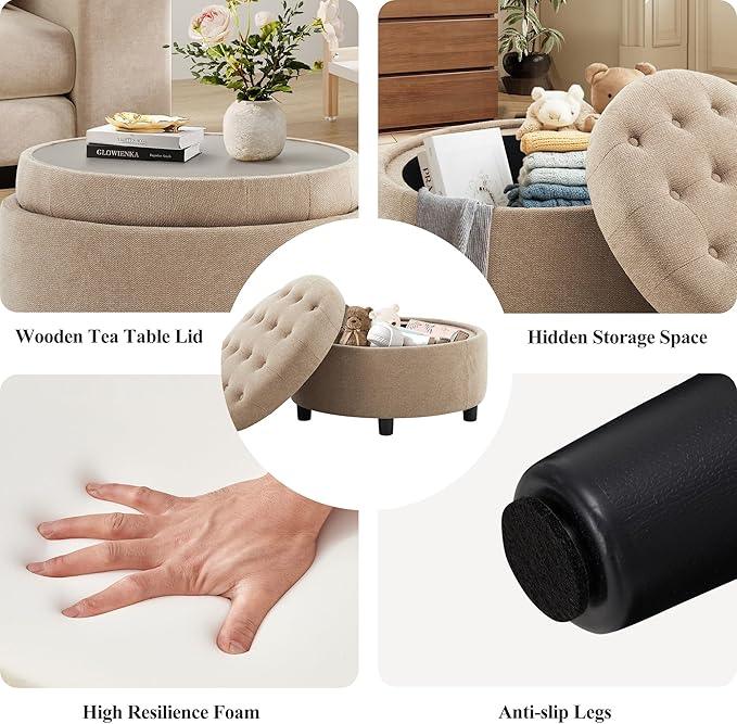 COLAMY Fabric Round Storage Ottoman with Reversible Tray Lid – Multi-Functional Footrest, Hidden Storage, Sturdy & Stylish Small Coffee Table for Living Room, Bedroom, or Entryway(Camel)