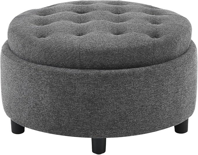 COLAMY Fabric Round Storage Ottoman with Reversible Tray Lid – Multi-Functional Footrest, Hidden Storage, Sturdy & Stylish Small Coffee Table for Living Room, Bedroom, or Entryway(Dark Grey)