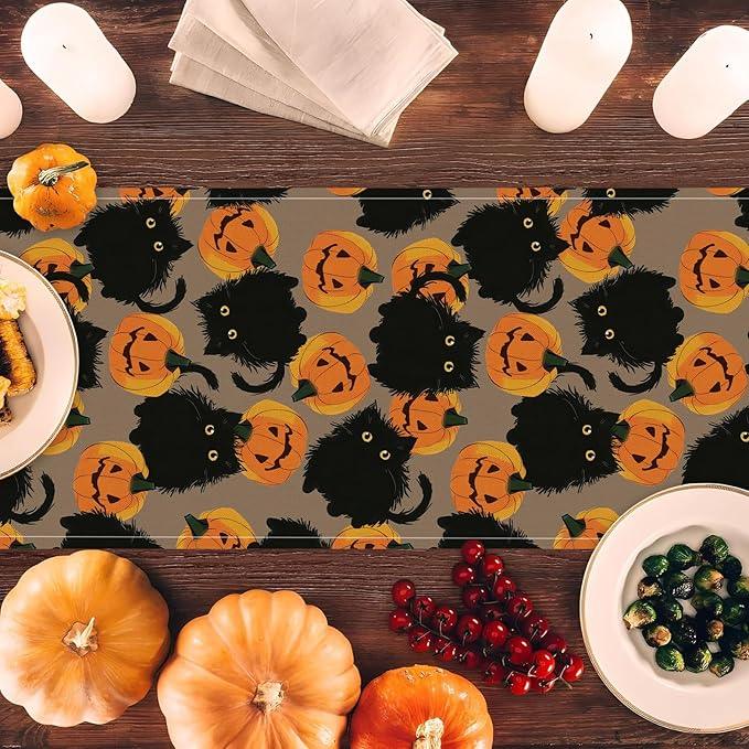 Halloween Table Runner Black Cat Pumpkins Seasonal Kitchen Dining Table Home Outdoor Party Decorations 13x60 Inch