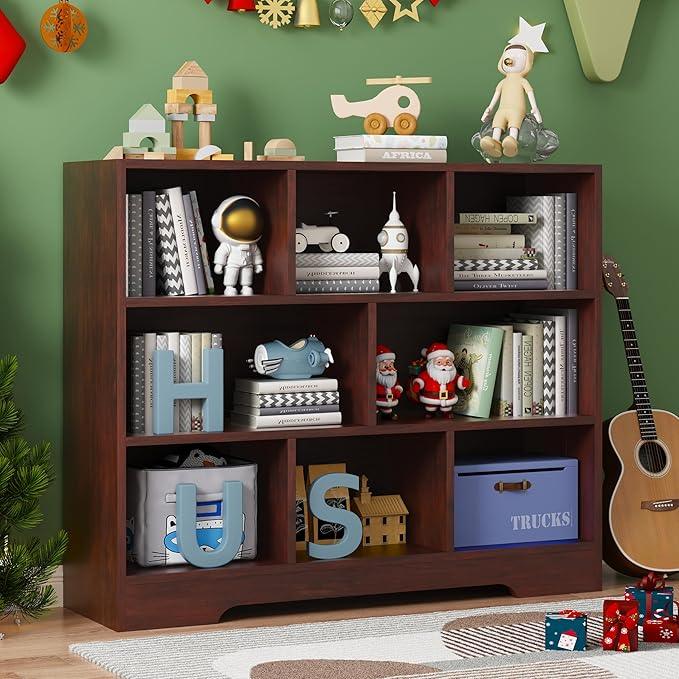 Book Shelf, 8 Cubes Storage Organizer, 3-Tier Open Shelf Wooden Bookcase, Freestanding Cherry Bookshelf Cube Shelf for Bedroom, Living Room, Home Office