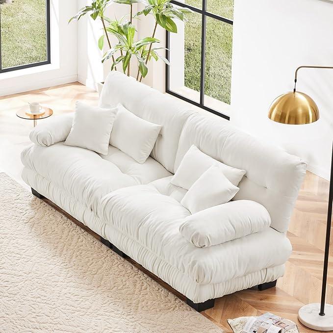 Loveseat Modular Sectional Sofa, Cloud Couch 2 Seater Sectional Couch Home Sofa Living Room Oversized Couch, Modern Deep Seat Couch with Chaise with Round Bolster Armrests 4 Pillows(White)