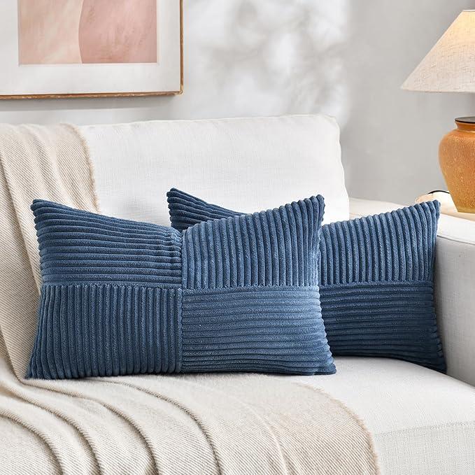 Fancy Homi 2 Packs Dusty Blue Long Lumbar Decorative Throw Pillow Covers 12x24 Inch for Couch Bed Sofa, Rustic Farmhouse Boho Home Decor, Soft Striped Corduroy Rectangle Accent Cushion Case 30x60 cm