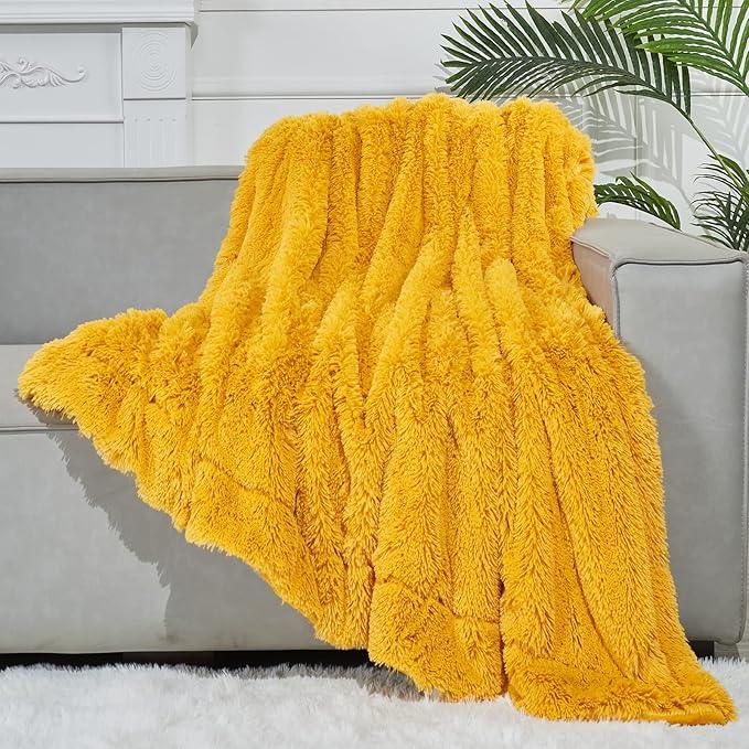 GONAAP Fuzzy Faux Fur Throw Blanket Twin Size Mustard Yellow Super Soft Cozy Plush Fuzzy Shaggy Blanket for Couch Sofa Bed (Mustard Yellow, Twin(60