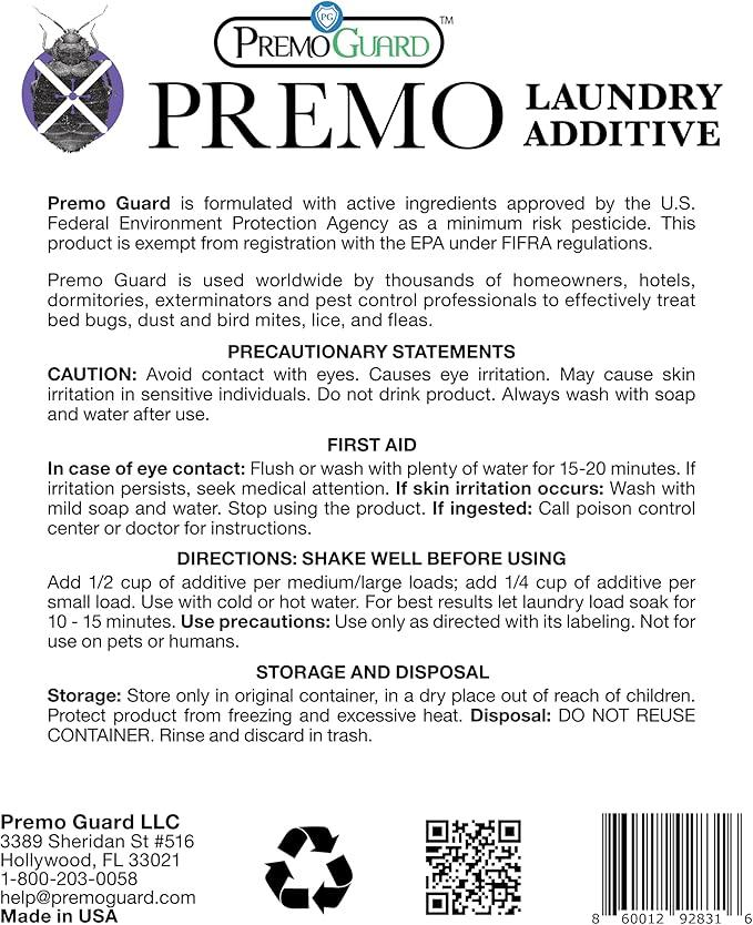 Premo Guard Bed Bug, Mite & Lice Laundry Detergent Additive 64 oz – Child & Pet Friendly – Stain & Odor Free – Best Natural Non-Toxin Treatment