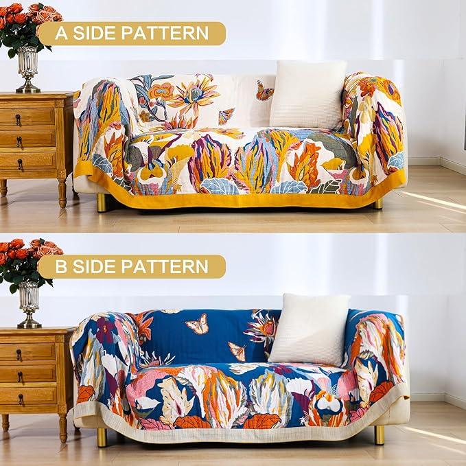 Boho Large Throw Blanket, 100% Organic Cotton Breathable Soft Bed King Throw - Fall Floral Bird Butterfly Farmhouse Decor Blanket for Sofa Couch Chair and Gift. 91