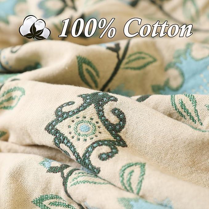 Snycler Boho Throw Blanket for Bed - 100% Cotton Ultra Soft Rustic Quilt - Blue Boho Floral Printed Farmhouse Decor Bed Blankets, 80