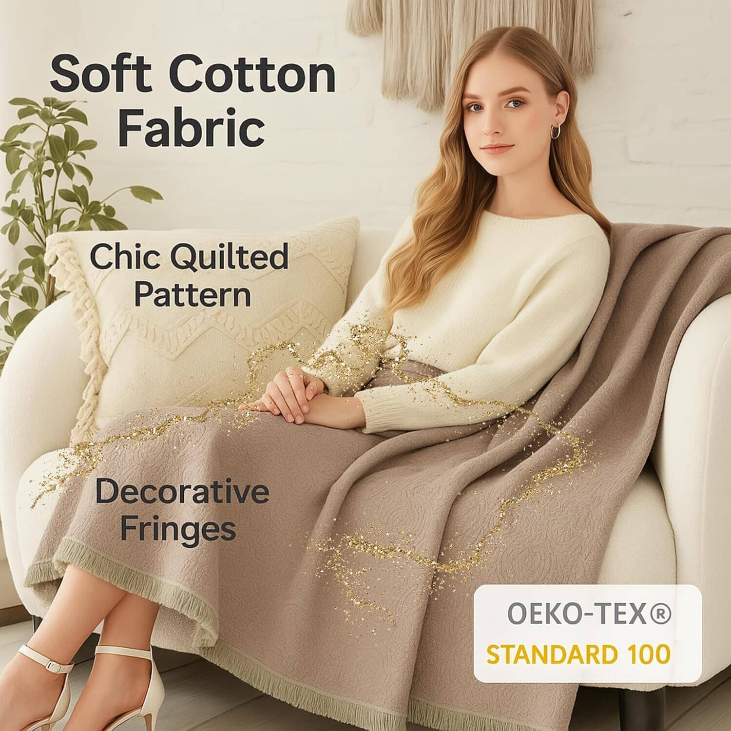 DaDa Bedding Elegant Fringed Cotton Quilted Throw Blanket - Luxurious Solid Soft Paisley Pattern, Cozy Lightweight Lap Throw, Perfect for Couch or Bed, Neutral Sandy Taupe Tan Beige, 50x60 Inches