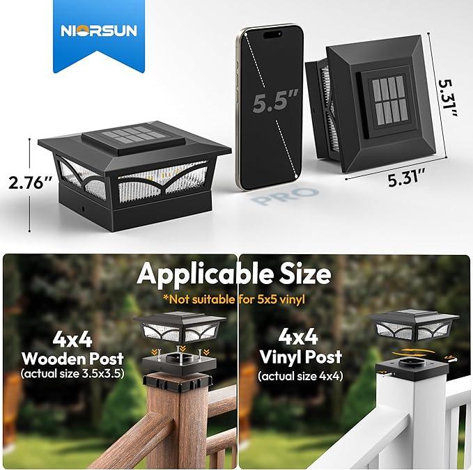 NIORSUN Solar Post Cap Lights Outdoor, 2 Modes LED, Deck Fence Post Solar Lights for 3.5x3.5 4x4 Caps Patio Garden Decoration, Warm White/Cool White Lighting Black 12 Pack