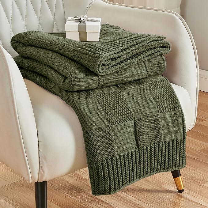 CozeCube Check Knit Throw Blanket, Olive Green Checkered Throw for Couch, Decorative Christmas Soft Cozy Warm Knitted Blanket for Bed Sofa Living Room, 60