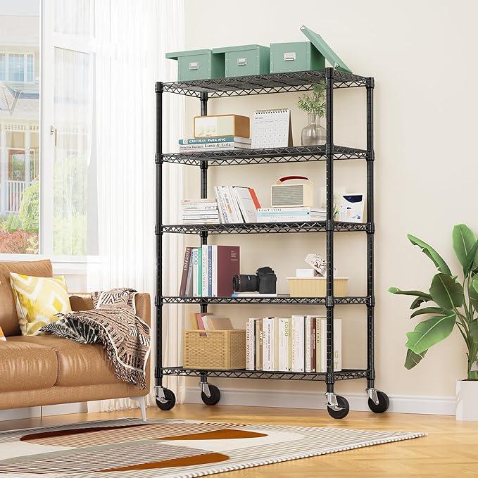 5-Shelf Storage Shelves,Wire Shelving Heavy Duty Metal Storage Shelving Unit Adjustable Garage Shelving Rack Pantry Kitchen (Black, 5 Tier,17.7