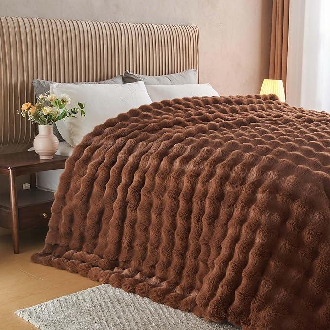 Lotus Karen Faux Fur Throw Blanket Dark Coffee - Big Bubble Rabbit Fluff Blanket for Couch Bed Sofa,Softest Fluffy Fuzzy Cozy Blanket,Thick Furry Plush Shaggy Warm Blankets for Women,60x80 Inches