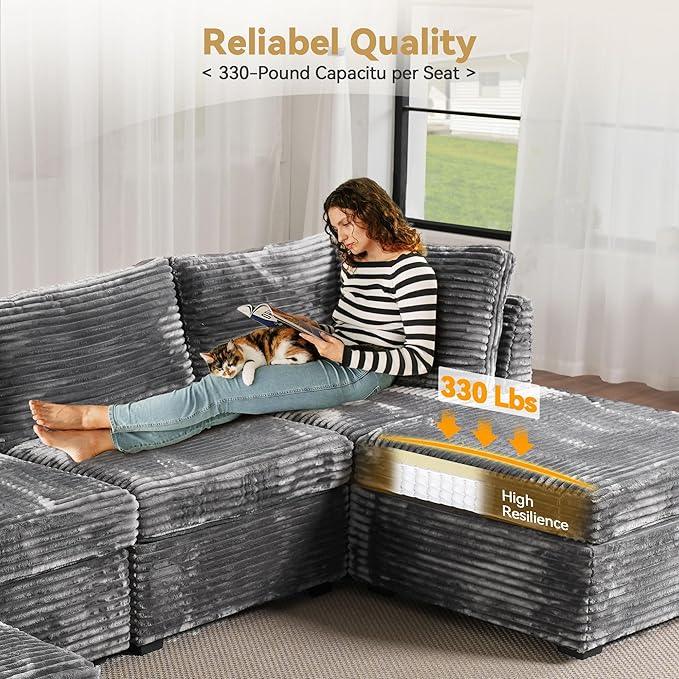 Modular Sectional Sofa, 130.7 Inch U Shaped Couch Set for Living Room, 4-Seater Comfy Cloud Couches with Two Movable Ottoman, Plush Corduroy, Gray