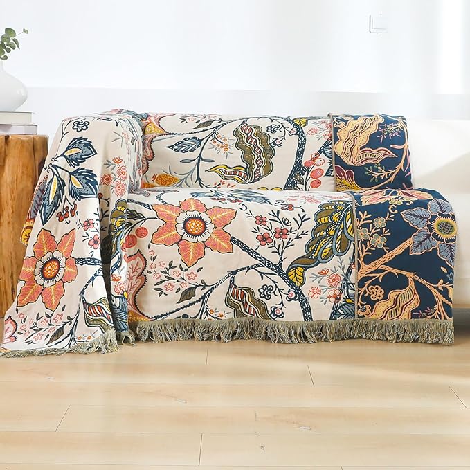 Boho Cotton Throw Blanket - Ultra-Soft Rustic Quilt for Bed, Home Decor & Travel - Large 60