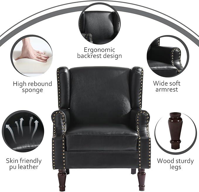 Accent Chairs, Faux Leather High Back Armchair Set of 2 or Living Room, Comfy Upholstered Single Sofa Reading Chairs with Solid Wood Legs for Office, Bedroom, Waiting Room-Black