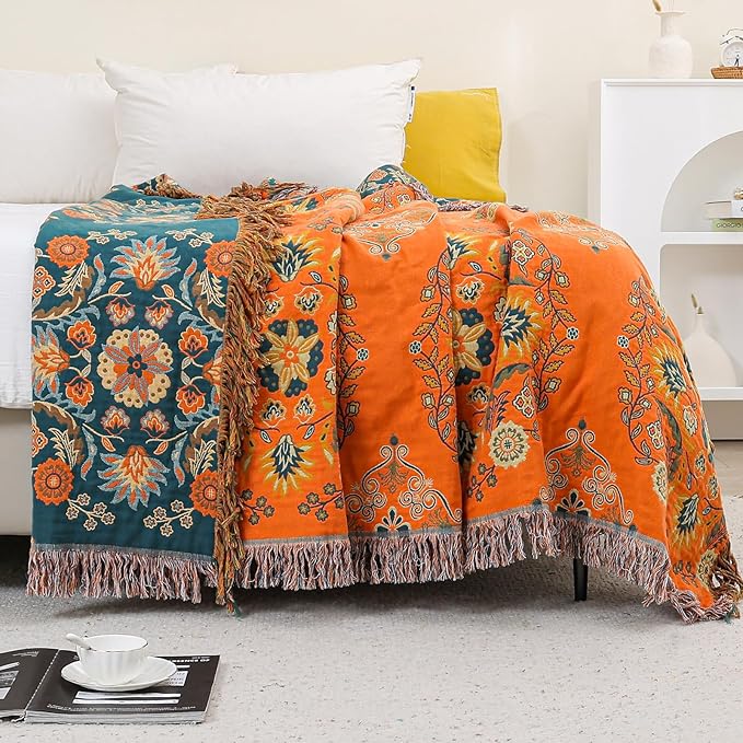 Throw Blanket for Couch Bed Chair,100% Cotton Soft Lightweight Blanket Rustic Quilt -Orange Floral Printed Farmhouse Decor Bed All Season Blankets,90