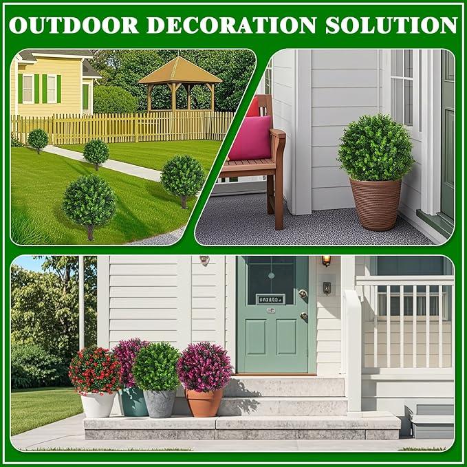 Artificial Topiary Tree with Eucalyptus, Set of 2 Artificial Shrub Bushes with Ground Spike, Fake Evergreen Tree for Porch, Artificial Plants for Outdoor Planters Indoor UV Resistant