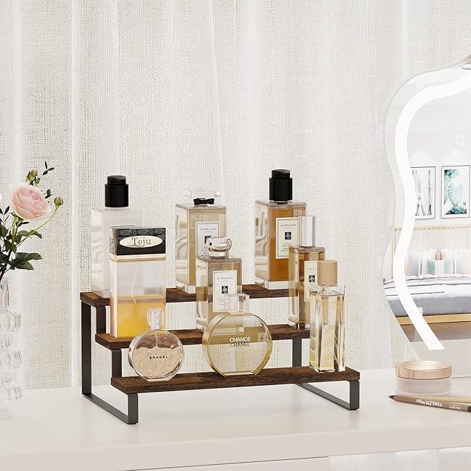 YINMIT Wooden Display Riser Stand, Tiered Perfume and Cologne Organizer Stand, 3 Tier Spice Rack Organizer, Rustic Display Shelf for Candles (3 Tier)
