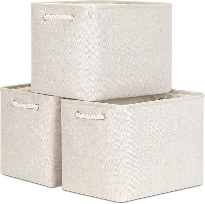 Bidtakay Large Storage Baskets for Shelves 3 Pack Fabric Storage Bins for Organizing Linen Collapsible Organizer for Closet-Light Biege