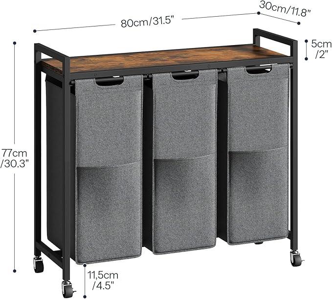 HOOBRO Laundry Sorter 3 Section, Laundry Hamper with Wheels, 3 × 11.5 Gal (43.4L), Rolling Laundry Basket, Pull-Out and Removable Oxford Fabric Laundry Bags, Rustic Brown and Grey BFG76XY01
