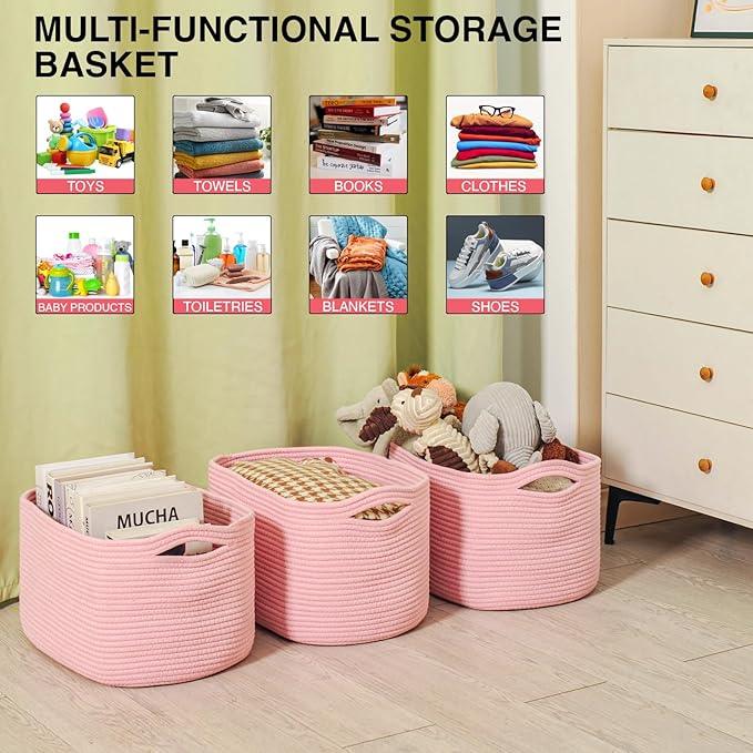 Storage Baskets for Organizing Shelves, Pink Basket for Nursery, Woven Cotton Rope Baskets for Storage, Towel Basket for Bathroom, 15