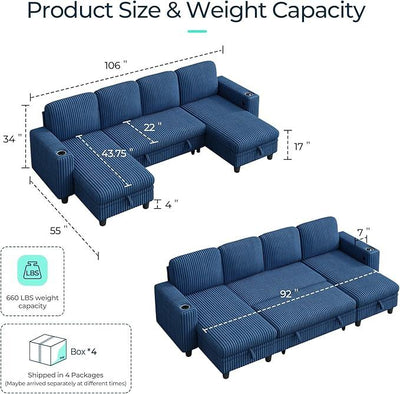 LINSY HOME Sectional Sleeper Sofa with Pull Out Couch Bed - Convertible Plush Corduroy Cloud Couch with Storage Chaise & USB Charging, Comfy U Shaped Modular Couches for Living Room, Blue