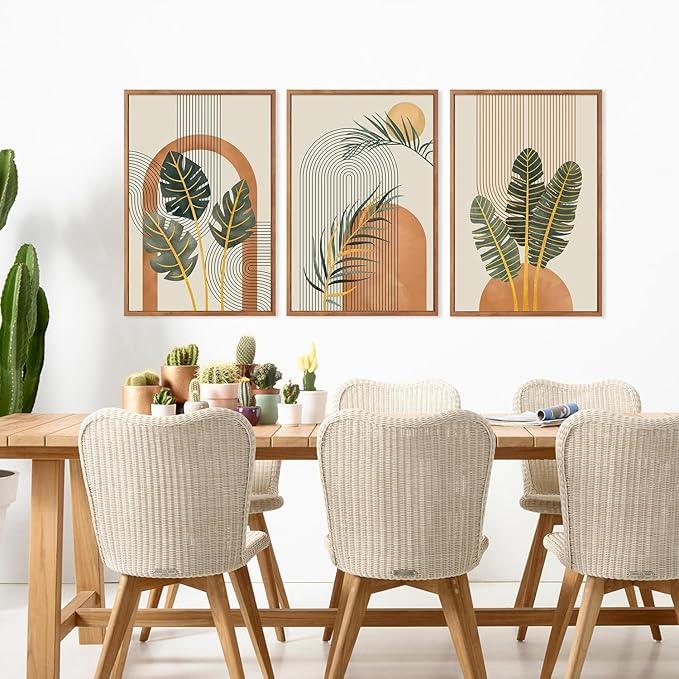 KAIRNE Boho Canvas Wall Art,Tropical Palm Leaf Wall Decor,Mid-Century Geometric Illustrations Set of 3(16”X24”),Abstract Line Pictures,Modern Botanical Prints for Living Room Bedroom Dining Room Decor