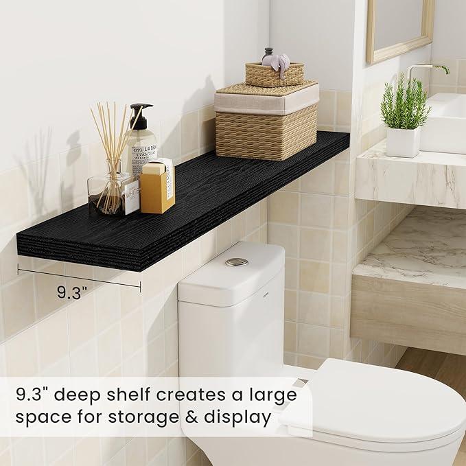 Fun Memories 48 Inch Deep Floating Shelves for Wall, 2 Pack of Long Wall Mounted Wood Shelves with Invisible Brackets for Bathroom, Bedroom, Living Room, Kitchen Decor and Storage, Black