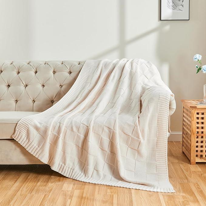 CozeCube Check Knit Throw Blanket, Cream White Checkered Throw for Couch, Decorative Christmas Soft Cozy Warm Knitted Blanket for Bed Sofa Living Room, 60