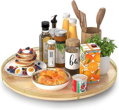 21-Inch Wooden Lazy Susan Turntable – Premium Oak & Iron, Extra Large Rotating Serving Tray for Dining Table, Kitchen Countertop, Farmhouse Décor, Spice Rack, Charcuterie & Entertaining