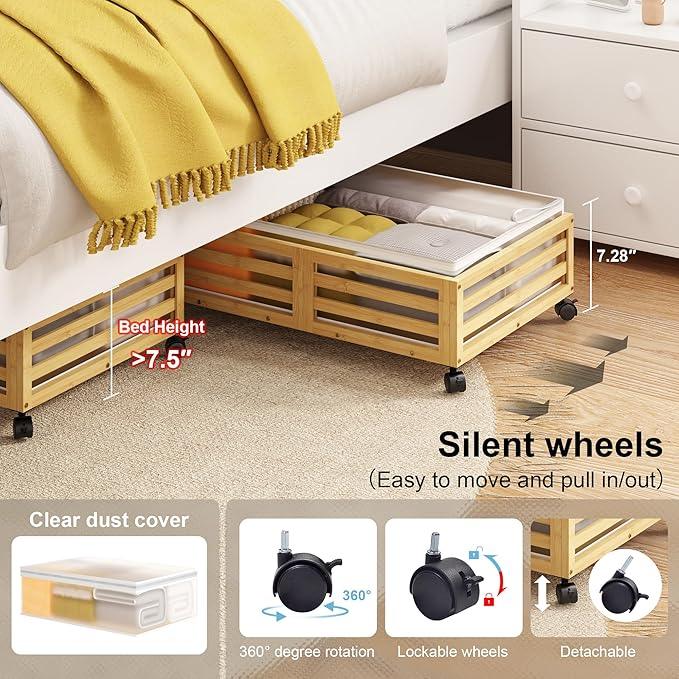 Under Bed Storage with Wheels-Large Bamboo Underbed storage Containers with Large Dust Bag Stackable Under the Bed Shoe Storage Bins for Clothes Books Bedding (2 Packs Nature, 23.62